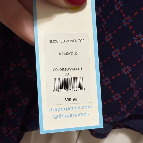 XXL Draper James Navy and Red Geometric Pattern Smocked Top, Sheer Sleeve, NWT - Picture 5 of 13